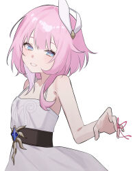  1girl absurdres bare_shoulders blue_eyes breasts commentary_request cyrene_(honkai:_star_rail) cyrene_(philia093)_(honkai:_star_rail) dress hair_ornament highres honkai:_star_rail honkai_(series) looking_at_viewer medium_hair multicolored_hair pink_hair simple_background small_breasts smile solo two-tone_hair vmpavma white_background white_dress white_hair 