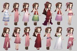  absurdres aerith_gainsborough aerith_gainsborough_(cheap_pink_dress) aerith_gainsborough_(floral_delight) aerith_gainsborough_(pink_mermaid) aerith_gainsborough_(red_dress) aerith_gainsborough_(ruddy_pink_dress) aerith_gainsborough_(white_floral_dress) bikini bikini_skirt boots bracelet braid braided_ponytail brown_hair button_dress chibi commentary_request crisis_core:_final_fantasy_vii cropped_jacket dress final_fantasy final_fantasy_vii final_fantasy_vii:_advent_children final_fantasy_vii_rebirth final_fantasy_vii_remake flower green_eyes hair_flower hair_ornament hair_ribbon high_heels highres jacket jewelry kingdom_hearts kingdom_hearts_i kingdom_hearts_ii lilith-lily long_skirt looking_at_viewer official_alternate_costume official_alternate_hairstyle parted_bangs pink_bikini red_dress red_jacket ribbon sandals side_slit silver_bangle skirt striped_clothes striped_dress swimsuit white_dress 