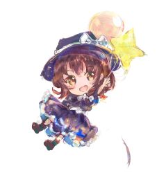  1girl :d balloon black_capelet black_hat black_skirt blush boots bow brown_boots brown_eyes brown_hair capelet chibi collared_shirt commentary_request frilled_skirt frills hair_bow hat hat_bow highres medium_hair open_mouth red_bow shirt skirt smile solo star_balloon touhou usami_renko uwazumi white_background white_shirt 