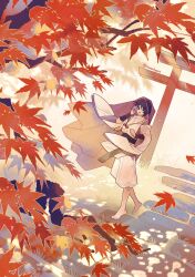  1boy armor autumn_leaves barefoot black_bow black_hair black_sash blunt_ends bow choppy_bangs dutch_angle eyeliner feathers full_body genshin_impact highres himalayas0 japanese_armor kote kurokote layered_sleeves leaf looking_at_viewer makeup male_focus open_mouth outdoors pants pom_pom_(clothes) purple_sleeves purple_veil red_eyeliner sash scaramouche_(genshin_impact) scaramouche_(kabukimono)_(genshin_impact) see-through_clothes see-through_veil solo string tareme three-quarter_sleeves toes torii twitter_username veil violet_eyes white_mouth white_pants white_sleeves wide_sleeves yellow_feathers 