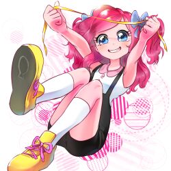  1girl :d \o/ armpits arms_up black_shorts blue_bow blue_eyes blush bow buttons collared_shirt commentary contrast_collar curly_hair english_commentary excited flat_chest from_below grin hair_behind_ear hair_bow high-waist_shorts holding holding_ribbon kneehighs knees_together_feet_apart long_hair looking_at_object looking_up my_little_pony my_little_pony:_friendship_is_magic outstretched_arms personification pink_background pink_hair pink_ribbon pinkie_pie quizia ribbon shirt shoelaces shoes short_shorts shorts sidelocks simple_background sleeveless sleeveless_shirt smile socks solo striped_background suspender_shorts suspenders swept_bangs tareme two-tone_background two_side_up white_background white_shirt white_socks yellow_ribbon yellow_shoes 