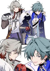  2boys aged_down ahoge apple armor asymmetrical_gloves belt black_belt black_gloves black_jacket black_shirt blue_cape blue_eyes blue_gem blue_gloves blue_shirt brown_jacket cape chinese_commentary closed_mouth collared_shirt colored_eyelashes commentary_request corset cowboy_shot earrings empty_eyes eyes_visible_through_hair eyeshadow flower_earrings food fruit fur-trimmed_jacket fur_trim gem genshin_impact gloves green_hair grey_corset grey_hair grey_pants half-closed_eyes hand_up highres holding holding_food holding_fruit huge_ahoge illuga_(genshin_impact) jacket jewelry lapels lohen_(genshin_impact) looking_at_viewer makeup male_focus medium_hair mismatched_gloves mole mole_under_eye multicolored_hair multiple_boys multiple_views open_clothes open_jacket orange_gem pants pendant pink_eyeshadow pink_pupils purple_jacket purple_sash red_hair ring sash shirt shirt_under_shirt short_hair shoulder_armor sidelocks simple_background single_earring smile standing tassel teeth turtleneck turtleneck_shirt two-sided_fabric two-sided_jacket two-tone_hair upper_body violet_eyes vision_(genshin_impact) white_background white_pants white_shirt yuelinpanp98413 