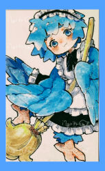  1girl apron bird_legs bird_tail blue_eyes blue_feathers blue_hair blue_maid_harpy_(i7go34) blue_tail blue_wings blush broom commentary_request dress feathered_wings feathers frills harpy highres holding holding_broom i7go34 looking_at_viewer maid maid_apron maid_headdress monster_girl original short_hair simple_background smile solo tail talons white_background winged_arms wings 