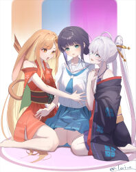  3girls absurdres animal_ears bare_shoulders barefoot black_hair black_kimono blonde_hair blue_eyes blue_skirt cho_kaguya-hime! collared_shirt commentary girl_sandwich green_eyes grey_hair hair_ornament hair_rings hair_stick halterneck highres japanese_clothes kaguya_(cho_kaguya-hime!) kimono long_hair looking_at_another looking_at_viewer lop_rabbit_ears mole mole_under_eye multicolored_hair multiple_girls open_mouth pink_hair pleated_skirt rabbit_ears red_kimono runami_yachiyo sakayori_iroha sandwiched seiza shirt sitting skirt toriaki twintails two-tone_hair very_long_hair wide_sleeves yuri 