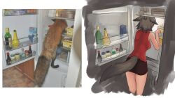  1girl animal_ears arknights black_skirt brown_hair cutter_(arknights) ears_down fox_ears fox_girl fox_tail from_behind highres in_container in_refrigerator indoors miniskirt photo_inset red_shirt refrigerator refrigerator_interior shirt short_hair skirt sleeveless sleeveless_shirt solo superbeek4 tail 
