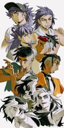  3boys :d ;d alternate_costume armpits black_shirt collared_shirt dark-skinned_male dark_skin earrings eyewear_on_head facial_hair hand_up hands_up highres jacket jewelry leon_(pokemon) long_hair male_focus molymes multicolored_hair multiple_boys necktie one_eye_closed orange_jacket piers_(pokemon) pokemon pokemon_sword_and_shield purple_hair raihan_(pokemon) shirt short_sleeves smile sunglasses teeth two-tone_hair white_background white_necktie white_shirt yellow_eyes 