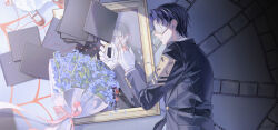  1boy 1girl 7ceta absurdres aged_down bilingual_commentary black_hair black_jacket black_suit blue_flower bouquet censored censored_identity closed_mouth collared_shirt commentary_request cracked_mask curtained_hair english_commentary eye_mask film_strip flower gloves gold_trim highres jacket korean_commentary lapels limbus_company long_sleeves male_focus mask mask_over_one_eye mixed-language_commentary multicolored_hair notched_lapels official_alternate_costume one_eye_covered out_of_frame pager painting_(object) picture_frame project_moon red_shoes rien_(project_moon) ryoshu_(project_moon) saikai_(mili) shirt shoes short_hair skirt spider_web_print streaked_hair string string_of_fate suit suit_jacket two-tone_hair white_gloves white_mask white_shirt white_skirt white_streaks yellow_eyes youtube_video_thumbnail 