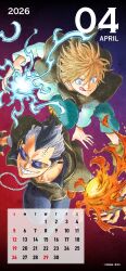  2026 2boys black_capelet black_clover blonde_hair blue_eyes blue_pants blue_shirt calendar_(medium) capelet electricity electrokinesis fire grin highres licking_lips looking_at_viewer luck_voltia magic magna_swing multiple_boys official_art pants purple-tinted_eyewear pyrokinesis shirt smile tabata_yuuki tinted_eyewear tongue tongue_out 