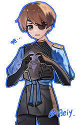  1boy animification artist_name bags_under_eyes belt black_dougi black_gloves black_pants blue_belt blue_eyes blue_outline blue_shirt brown_hair chinese_commentary commentary_request cowboy_shot crying crying_with_eyes_open dougi elbow_gloves epaulettes eyebrow_cut eyepatch fidgeting gloves highres index_fingers_together jay_(ninjago) likai755 long_sleeves looking_at_viewer male_focus ninjago outline pankou pants partial_commentary puffy_sleeves shirt short_hair simple_background single_epaulette sleeveless solo tears white_background 