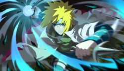  1boy absurdres blonde_hair blue_eyes bupa_chila chinese_commentary closed_mouth coat commentary_request flak_jacket forehead_protector green_jacket highres holding holding_kunai holding_weapon jacket konohagakure_shinobi_uniform konohagakure_symbol kunai layered_sleeves long_sleeves looking_at_viewer male_focus namikaze_minato naruto_(series) naruto_shippuuden open_clothes open_coat pants rasengan solo spiky_hair weapon 