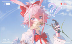 !? 1girl animal_ears asymmetrical_gloves black_gloves blue_sky bow bowtie commentary_request evanescia_(honkai:_star_rail) fingerless_gloves flower fox_ears fox_girl gloves hair_flower hair_ornament highres honkai:_star_rail honkai_(series) miaooon mismatched_gloves pink_hair recording red_bow red_bowtie shirt short_hair_with_long_locks sky solo upper_body viewfinder violet_eyes white_gloves white_shirt 