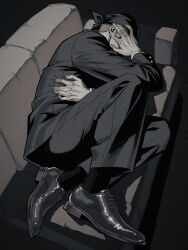  1boy bandana billy_kane black_bandana black_shoes black_socks black_suit commentary couch covering_face dress_shoes fatal_fury formal_clothes highres lying male_focus monochrome on_couch on_side oxfords plasticcero99 shoes short_hair sleeping socks solo suit the_king_of_fighters untranslatable_commentary 