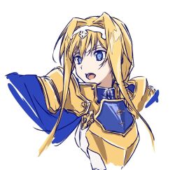  1girl alice_zuberg armor asagi501 blonde_hair blue_armor blue_cape blue_eyes blue_jacket breastplate cape collared_jacket cropped_torso gold_armor hair_intakes hairband high_collar jacket long_hair long_sidelocks looking_to_the_side open_mouth outstretched_arm pauldrons shoulder_armor sidelocks simple_background solo sword_art_online two-tone_armor upper_body white_background white_hairband white_trim 