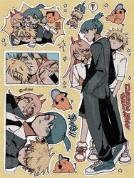  1girl 2boys ? black_necktie black_pants black_suit blonde_hair blue_eyes blue_hair blue_shoes blush chainsaw_man chibi cigarette collared_shirt commentary_request copyright_name creature demon_girl denji_(chainsaw_man) earrings hair_between_eyes hayakawa_aki highres horns jacket jewelry long_hair medium_hair multiple_boys necktie one_eye_closed open_mouth pants pink_hair pochita_(chainsaw_man) ponytail power_(chainsaw_man) red_eyes red_horns sharp_teeth shirt shoes short_hair short_ponytail sleeves_rolled_up sneakers spoken_question_mark suit suit_jacket teeth twitter_username white_shirt white_shoes yellow_background yellow_eyes zelzmd 
