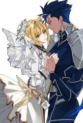  1boy 1girl ahoge armor artist_request blonde_hair blue_hair bodysuit bridal_veil commission cowboy_shot cu_chulainn_(fate) earrings fate/grand_order fate_(series) green_eyes hair_intakes hair_tubes hetero highres holding_hands jewelry long_hair nero_claudius_(bride)_(fate) nero_claudius_(fate) pauldrons ponytail red_eyes second-party_source shoulder_armor simple_background smile veil white_background 