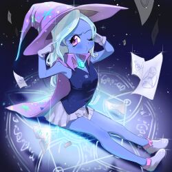  1girl :t ;t aqua_gem arched_back bare_arms bare_legs bare_shoulders black_background blue_shirt blue_skin blue_streaks blush cape closed_mouth collared_cape colored_skin commentary english_commentary flat_chest from_above gem gloves glowing grey_gloves grey_shoes grey_skirt hands_up hat index_fingers_raised large_hat light_particles long_hair looking_at_viewer miniskirt multicolored_hair my_little_pony my_little_pony:_friendship_is_magic one_eye_closed outstretched_legs paper personification pleated_skirt purple_cape purple_hat quizia ritual shirt shoes sideways_glance simple_background sitting skinny skirt sleeveless sleeveless_shirt solo sparkle star_(symbol) star_print straight_hair streaked_hair tareme trixie_lulamoon two-tone_hair v-neck v-shaped_eyebrows violet_eyes white_hair wizard_hat 
