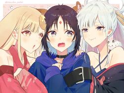  3girls animal_ears animal_on_shoulder arm_hug black_choker black_hair blue_hair blue_nails blush cho_kaguya-hime! choker chunchun_pocket commentary_request fang forehead_jewel fox_ears fushi_(cho_kaguya-hime!) girl_sandwich green_eyes grey_hair hair_ornament hair_rings hair_stick hand_on_another's_head heart heart-shaped_pupils highres jealous kaguya_(cho_kaguya-hime!) looking_at_another lop_rabbit_ears multicolored_hair multiple_girls open_mouth pink_hair rabbit_ears red_eyes runami_yachiyo sakayori_iroha sandwiched symbol-shaped_pupils twintails twitter_username two-tone_hair upper_body violet_eyes yuri 