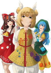  3girls :d absurdres apron arm_ribbon armor armored_dress ascot blonde_hair blue_hair bow brown_hair closed_eyes commentary detached_sleeves double_bun dress english_commentary frilled_bow frilled_hair_tubes frilled_skirt frills green_apron green_headscarf hair_bow hair_bun hair_tubes hakurei_reimu haniyasushin_keiki headscarf highres holding holding_paintbrush jewelry joutouguu_mayumi long_hair magatama magatama_necklace multiple_girls necklace nimo_(nimofumo) open_mouth own_hands_together paint_splatter paintbrush palms_together paw_print paw_print_pattern puffy_short_sleeves puffy_sleeves red_bow red_eyes red_skirt ribbon ribbon-trimmed_sleeves ribbon_trim short_sleeves single_strap skirt skirt_set smile tools touhou white_ribbon yellow_ascot yellow_dress yellow_eyes 