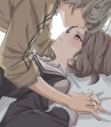  2girls bed_sheet black_dress blush brown_hair dress ebizuka_tomo girl_on_top girls_band_cry hairband holding_hands interlocked_fingers jacket long_sleeves looking_at_another lying multiple_girls on_back parted_lips red_eyes rupa_(girls_band_cry) short_hair sleeves_rolled_up syonosuke9573 yuri 