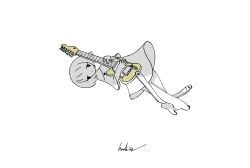  1girl absurdres barefoot electric_guitar full_body guitar highres holding holding_guitar holding_instrument instrument kaduise looking_at_viewer original oversized_clothes oversized_shirt shirt short_hair signature simple_background solo 