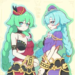  2girls blue_hair blush bracelet braid capelet gold_bracelet green_hair hat highres jewelry long_hair looking_at_viewer matching_outfits metensa096 midriff moldimolt_(stella_glow) multiple_girls niki_(stella_glow) purple_capelet red_capelet siblings side_capelet sisters stella_glow 
