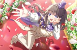  1girl :d arms_up brown_hair buttons double-breasted falling_petals flower fujishima_megumi full_body game_asset hana_sakeba_yume_kakeru hat headset highres jacket leg_up long_hair love_live! love_live!_hasu_no_sora_jogakuin_school_idol_club love_live!_hasu_no_sora_jogakuin_school_idol_club_bloom_garden_party mini_hat mini_top_hat non-web_source official_art open_hand open_mouth outstretched_arm pants petals purple_hat red_flower red_petals red_rose rose self-datamine shirt sleeveless sleeveless_jacket smile solo teeth tilted_headwear top_hat two_side_up upper_teeth_only violet_eyes virtual_youtuber white_flower white_jacket white_pants white_petals white_rose white_shirt 