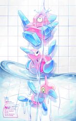  chikafuji colored_sclera commentary highres no_humans pokemon pokemon_(creature) pokemon_focus porygon porygon-z porygon2 simple_background tile_wall tiles twitter_username water watermark wet yellow_sclera 