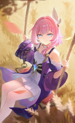  1girl absurdres aki_maple breasts coat commentary cyrene_(honkai:_star_rail) cyrene_(philia093)_(honkai:_star_rail) dress hair_ornament highres honkai:_star_rail honkai_(series) jewelry looking_at_viewer medium_hair multicolored_hair necklace on_swing pink_hair purple_coat small_breasts smile solo swing two-tone_hair wheat white_dress white_hair 