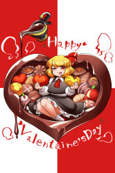  1girl :p almond ascot black_skirt black_vest blonde_hair blush candy chocolate collared_shirt commentary_request english_text fang food hair_ribbon happy_valentine heart heart-shaped_chocolate heart-shaped_food highres holding holding_food kashuu_(b-q) knees long_sleeves one_eye_closed petticoat red_ascot red_background red_eyes red_ribbon red_shoes ribbon rumia shirt shoes short_hair skin_fang skirt socks solo tongue tongue_out touhou two-tone_background vest white_background white_shirt white_socks 