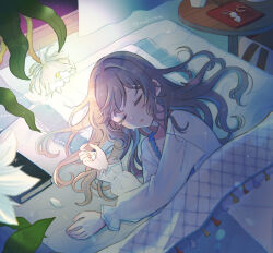  1girl album_cover alternate_costume bed blonde_hair book brown_hair closed_eyes commentary_request cover dress epiphyllum flower glowing glowing_flower gradient_hair hair_spread_out head_on_pillow hijiri_byakuren long_hair long_sleeves lying mozukuzu_(manukedori) multicolored_hair on_bed on_side petals pillow purple_hair sleeping sleepwear solo table touhou twitter_username under_covers white_dress white_flower white_petals 