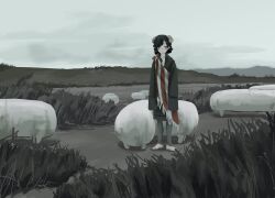  1girl barefoot black_hair closed_mouth creature curved_horns feet grass green_eyes grey_pants grey_sky highres horns landscape looking_at_viewer medium_hair original outdoors overcast oversized_clothes pants scenery sheep_horns sky sleeves_past_fingers sleeves_past_wrists solo standing yoshiryuu 