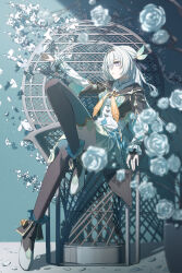  1girl absurdres black_hairband black_jacket black_thighhighs bridal_gauntlets bu_bai_(wres2744) commentary_request cropped_jacket firefly_(honkai:_star_rail) flower gradient_eyes grey_hair hair_between_eyes hairband highres honkai:_star_rail honkai_(series) indoors jacket long_hair multicolored_eyes neckerchief orange_neckerchief single_bridal_gauntlet sitting solo thigh-highs two-tone_eyes violet_eyes 