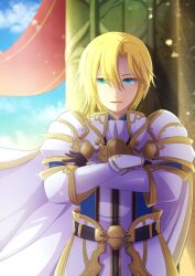  armor blonde_hair blue_eyes cape crossed_arms highres klaus_(stella_glow) male_focus medium_hair pauldrons shisui_alex shoulder_armor smile solo stella_glow white_armor white_cape 