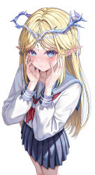  1girl absurdres alternate_costume blonde_hair blue_eyes blue_sailor_collar blue_skirt blush cartethyia_(wuthering_waves) closed_mouth commentary_request earrings embarrassed fingernails hair_intakes hands_on_own_face hands_up highres jewelry lnji_(rnlwls34) long_hair long_sleeves looking_at_viewer multiple_earrings neckerchief parted_bangs partial_commentary pleated_skirt pointy_ears red_neckerchief sailor_collar school_uniform serafuku shirt sidelocks simple_background skirt solo tacet_mark_(wuthering_waves) white_background white_shirt wuthering_waves 