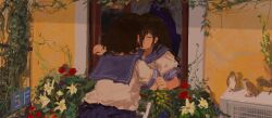  1girl animal bird black_hair blareger blue_sailor_collar brown_bird bush closed_eyes commentary_request couple day flower highres impressionism kiss long_hair open_window original plant red_flower sailor_collar school_uniform serafuku shirt short_hair short_sleeves straight_hair through_window vines white_flower white_shirt window yuri 