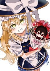 1girl apron black_skirt black_vest blonde_hair bow braid character_doll commentary_request doll frilled_skirt frills fumo_(doll) grin hair_bow hakurei_reimu hat hat_bow highres kirisame_marisa long_hair marisa_day side_braid signature simple_background single_braid skirt smile solo sparkle touhou translation_request user_ycnn5725 vest waist_apron white_background white_bow witch_hat yellow_eyes 