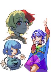  3girls absurdres aqua_vest arms_up belt blonde_hair blue_eyes blue_hair breasts bright_pupils brown_belt cape claw_pose closed_mouth commentary cowboy_shot cropped_head cropped_torso dot_nose dress hair_between_eyes hairband hands_up heterochromia highres large_breasts long_sleeves looking_at_viewer medium_breasts multicolored_dress multicolored_hair multiple_girls niwatari_kutaka open_mouth patchwork_clothes pointing pointing_up red_eyes red_hair shirt short_hair simple_background sketch sleepymoon smile standing tatara_kogasa teeth tenkyuu_chimata touhou two-sided_cape two-sided_fabric two-tone_hair upper_teeth_only vest white_background white_cape white_hairband white_pupils white_shirt zipper_pull_tab 