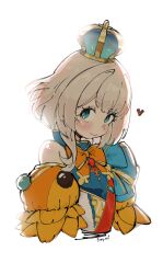  1girl blonde_hair blue_crown blue_eyes blush bow bowtie closed_mouth crown dress fish fish_ornament froq_art goldfish heart highres marimari_(marimari_2.0)_(vtuber) marimari_(vtuber) mini_crown orange_bow orange_bowtie orange_sleeves phase_connect short_eyebrows sidelocks solo upper_body virtual_youtuber white_background 