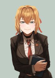  1010kman 1girl absurdres aqua_background blazer blonde_hair blue_eyes collared_shirt girls'_frontline_2:_exilium girls_frontline highres jacket kalina_(girls'_frontline) light_smile looking_at_viewer medium_hair necktie red_necktie shirt solo white_shirt 