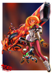  1girl amate_yuzuriha chibi commentary_request glowing gquuuuuux gundam gundam_gquuuuuux heat_hawk helmet highres looking_at_viewer mecha mecha_pilot_suit mobile_suit nebula orange_hair original red_eyes redesign robot science_fiction size_difference smirk space space_helmet spacecraft spacesuit taiga_hiroyuki v-fin zero_gravity 