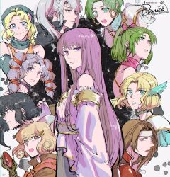  6+girls altena_(fire_emblem) armor beanie black_hair blonde_hair braid braided_ponytail breasts brown_hair commentary_request cousins dress earrings elbow_gloves feather_hair_ornament feathers fee_(fire_emblem) fire_emblem fire_emblem:_genealogy_of_the_holy_war gloves green_hair grey_hair hair_ornament hair_tie hairclip hat headband highres himmeldavenport hoop_earrings ishtar_(fire_emblem) jewelry julia_(fire_emblem) lana_(fire_emblem) larcei_(fire_emblem) lene_(fire_emblem) long_hair looking_at_viewer multiple_girls nanna_(fire_emblem) patty_(fire_emblem) ponytail purple_hair side_ponytail small_breasts staff tine_(fire_emblem) tomboy tunic watercolor_background 