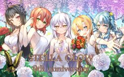  5girls absurdres alternate_hairstyle backless_dress backless_outfit black_hair blonde_hair blue_eyes blue_hair blush bouquet braid breasts dress fractal_(fractal25) green_eyes hair_down highres hilda_(stella_glow) holding holding_bouquet large_breasts lisette_(stella_glow) long_hair moldimolt_(stella_glow) multiple_girls official_alternate_costume orange_hair pink_eyes popo_(stella_glow) sakuya_(stella_glow) short_hair stella_glow twin_braids very_long_hair white_dress white_hair yellow_eyes 