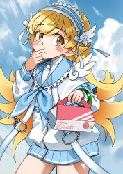  1girl absurdres bare_legs blonde_hair blue_hairband blue_neckerchief blue_sailor_collar blue_sky blush_stickers bow_hairband box bracelet clouds cloudy_sky commentary cowboy_shot finger_in_own_mouth flipped_hair frilled_hairband frilled_sailor_collar frilled_sleeves frills hair_between_eyes hair_flaps hair_ornament hairband hands_up highres holding holding_box jacket jewelry layered_sleeves long_hair long_sleeves looking_at_viewer monogatari_(series) multicolored_hairband neck_ribbon neckerchief oshino_shinobu outdoors pastry_box pointy_ears ribbon ricman_rt ringed_eyes sailor_collar short_over_long_sleeves short_sleeves sidelocks sky solo turtleneck two-tone_hairband undershirt untranslatable_commentary very_long_hair white_hairband white_jacket wing_hair_ornament wing_ornament yellow_eyes 