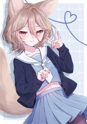  1girl absurdres alternate_costume animal_ear_fluff animal_ears black_cardigan blonde_hair blue_serafuku blue_shirt blue_skirt blush border breast_pocket brown_eyes buttons cardigan closed_mouth collarbone commentary cowboy_shot crop_top cropped_shirt diamond-shaped_pupils diamond_(shape) double-parted_bangs fingernails fox_ears fox_girl fox_shadow_puppet fox_tail grid_background hair_between_eyes hand_up hands_up heart heart_of_string highres kudamaki_tsukasa long_bangs long_sleeves looking_at_viewer medium_hair midriff miniskirt mizore_arius neckerchief open_cardigan open_clothes outside_border pantyhose pleated_skirt pocket sailor_collar school_uniform serafuku sharp_fingernails shirt simple_background skirt smirk smug solo split_mouth symbol-shaped_pupils tail touhou unbuttoned white_border white_neckerchief white_sailor_collar 