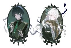  1boy 1girl artist_request black_coat black_hair black_shirt black_sleeves blunt_ends bow bright_pupils brown_necktie brown_scarf center-flap_bangs closed_mouth coat collared_shirt colored_eyelashes commission commissioner_insert couple eyeliner genshin_impact green_bow green_necktie grey_sweater_vest hair_bow hair_intakes hands_up hayami_momo_(hayamimomo) head_tilt hetero highres holding holding_wand long_hair long_sleeves makeup mole mole_under_eye necktie oc_x_canon open_clothes open_coat open_mouth original red_eyeliner scaramouche_(genshin_impact) scarf second-party_source shirt sweater_vest tsurime v-neck violet_eyes wand wavy_hair white_background white_eyelashes white_eyes white_hair white_mouth white_pupils wing_collar wispy_bangs 