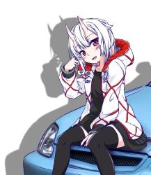  1girl :d asagi501 between_legs black_shirt black_thighhighs car character_request check_character collarbone commentary_request double-parted_bangs drop_shadow feet_out_of_frame flat_chest grey_nails hair_between_eyes hand_between_own_legs hand_up head_tilt highres hood hood_down hooded_jacket horns jacket jewelry long_shirt medium_hair messy_hair motor_vehicle multicolored_jacket on_car open_clothes open_jacket original pointing pointing_at_self red_eyes red_jacket ring shirt simple_background sitting smile solo textless_version thick_thighs thigh-highs thighs two-tone_jacket vrchat white_background white_hair white_jacket zettai_ryouiki 