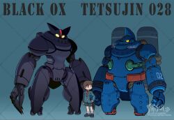  1boy artist_name black_hair black_jacket black_ox black_shorts brown_eyes character_name claws clenched_hands closed_mouth commentary_request copyright_name full_body glowing glowing_eyes holding horns jacket kaneda_shoutarou_(tetsujin_28-gou) lapels looking_at_viewer looking_to_the_side mecha necktie red_necktie redesign robot shirt shisui short_hair shorts socks standing steam tetsujin_28 tetsujin_28-gou thrusters watermark watermark_grid white_shirt white_socks yellow_eyes 