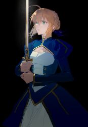  1girl absurdres ahoge artoria_pendragon_(fate) black_background blonde_hair braid braided_base breasts bun_with_braided_base clothing_cutout cowboy_shot dress fate/stay_night fate_(series) green_eyes hair_bun hair_ribbon highres holding holding_sword holding_weapon long_sleeves qiminghaonan99820 ribbon saber_(fate) simple_background solo sword weapon 