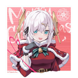  1girl :d ars_almal bell belt black_gloves blue_eyes blush bow breasts capelet christmas fur-trimmed_capelet fur-trimmed_sleeves fur_trim gloves hair_ornament hair_ribbon hood hooded_capelet looking_at_viewer medium_breasts merry_christmas musical_note nijisanji open_mouth red_capelet ribbon smile solo tatami_kami twitter_username upper_body virtual_youtuber white_hair x_hair_ornament 