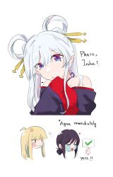  !? 3girls anger_vein bare_shoulders blue_eyes checkmark cho_kaguya-hime! cocacolastic cropped_torso crying english_text halterneck head_only highres holding holding_sign jealous kaguya_(cho_kaguya-hime!) multicolored_eyes multicolored_hair multiple_girls open_mouth pink_hair runami_yachiyo sakayori_iroha sign simple_background sleeves_past_fingers sleeves_past_wrists streaming_tears tears two-tone_hair violet_eyes white_background white_hair 